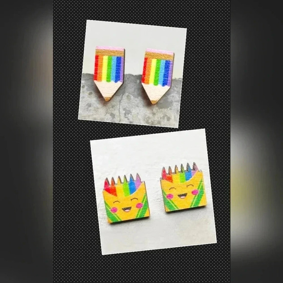 WOODEN rainbow pencil/ crayon earrings new - Picture 1 of 3